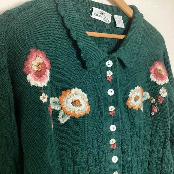 Carroll Reed Vtg Cable Knit Embroidered Cardigan L Floral Chunky Granny Cottage - Picture 3 of 13
